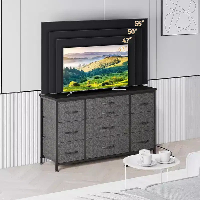 Cassettiera a 10 cassetti e supporto TV – Grigio scuro/Strisce tigrate, Consolle portaoggetti per camera singola
