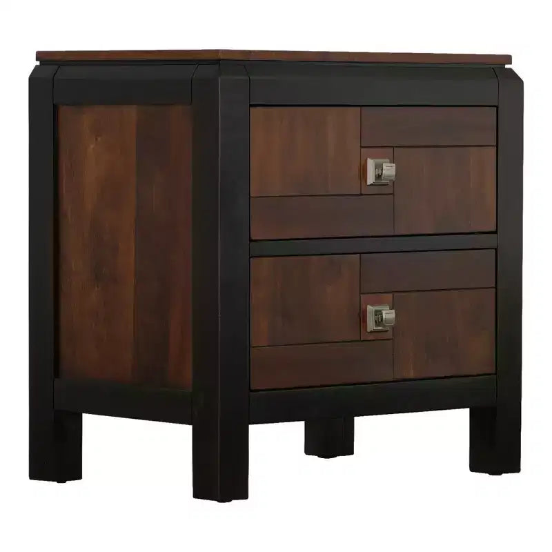 Comodino Noce Marrone a 2 Cassetti, Venatura del Legno, Maniglie Quadrate, 1 Persona