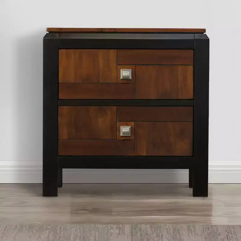 Comodino Noce Marrone a 2 Cassetti, Venatura del Legno, Maniglie Quadrate, 1 Persona