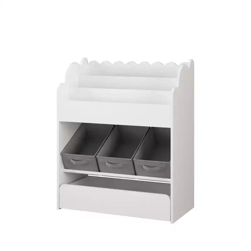 Libreria bianca per bambini con 3 contenitori in tessuto e cassetto – Organizzatore giocattoli per bambini, 1 bambino