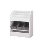 Libreria bianca per bambini con 3 contenitori in tessuto e cassetto – Organizzatore giocattoli per bambini, 1 bambino