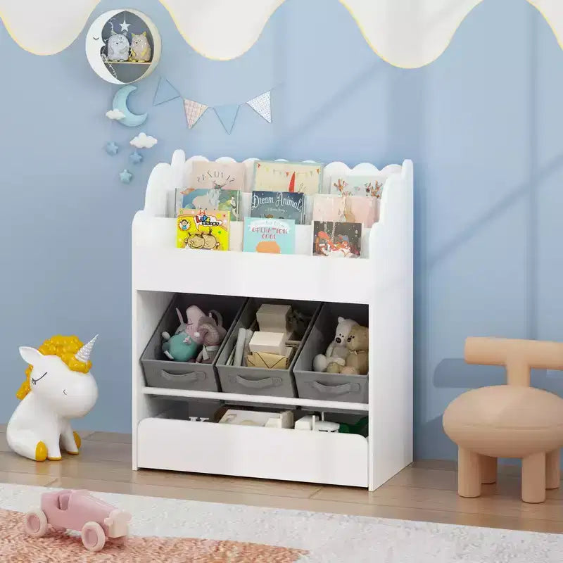 Libreria bianca per bambini con 3 contenitori in tessuto e cassetto – Organizzatore giocattoli per bambini, 1 bambino