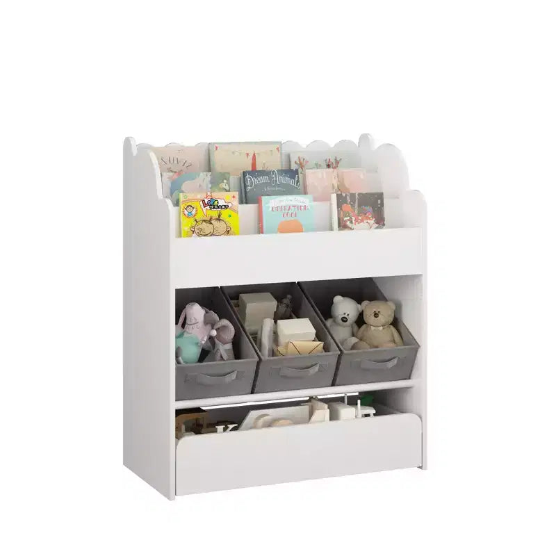 Libreria bianca per bambini con 3 contenitori in tessuto e cassetto – Organizzatore giocattoli per bambini, 1 bambino