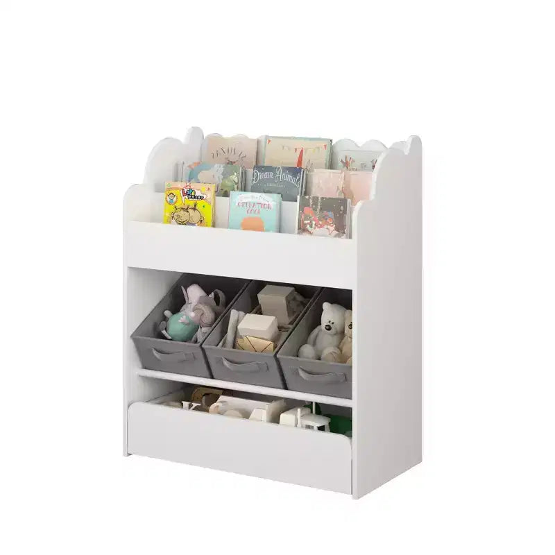 Libreria bianca per bambini con 3 contenitori in tessuto e cassetto – Organizzatore giocattoli per bambini, 1 bambino