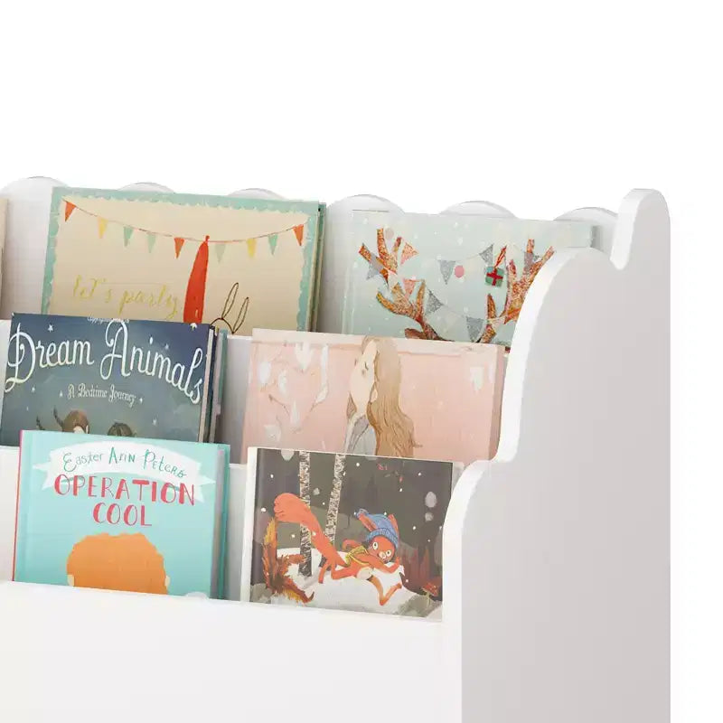 Libreria bianca per bambini con 3 contenitori in tessuto e cassetto – Organizzatore giocattoli per bambini, 1 bambino