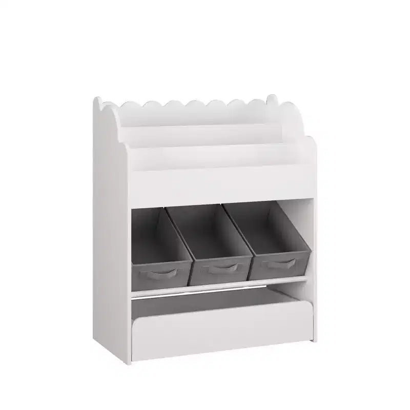 Libreria bianca per bambini con 3 contenitori in tessuto e cassetto – Organizzatore giocattoli per bambini, 1 bambino