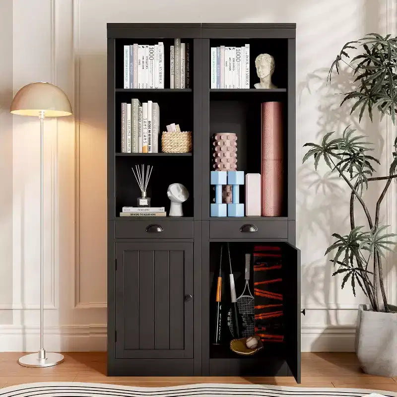 Libreria stretta a 5 ripiani con anta e cassetto