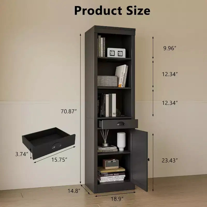 Libreria stretta a 5 ripiani con anta e cassetto