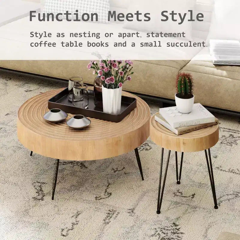 Set di 2 tavolini da caffè rotondi beige, gambe in metallo