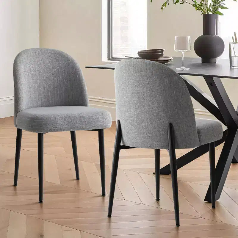 Sedia da pranzo imbottita in lino, senza braccioli, set da 2, gambe in metallo – Beige / Nero / Grigio / Verde