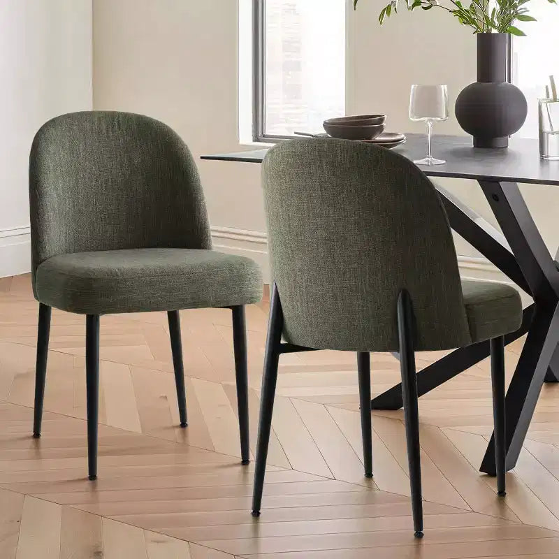Sedia da pranzo imbottita in lino, senza braccioli, set da 2, gambe in metallo – Beige / Nero / Grigio / Verde