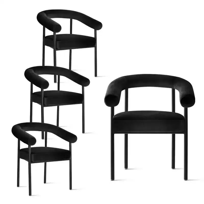 Sedie da pranzo in velluto nero / verde / visone con braccioli, schienale curvo, set da 4