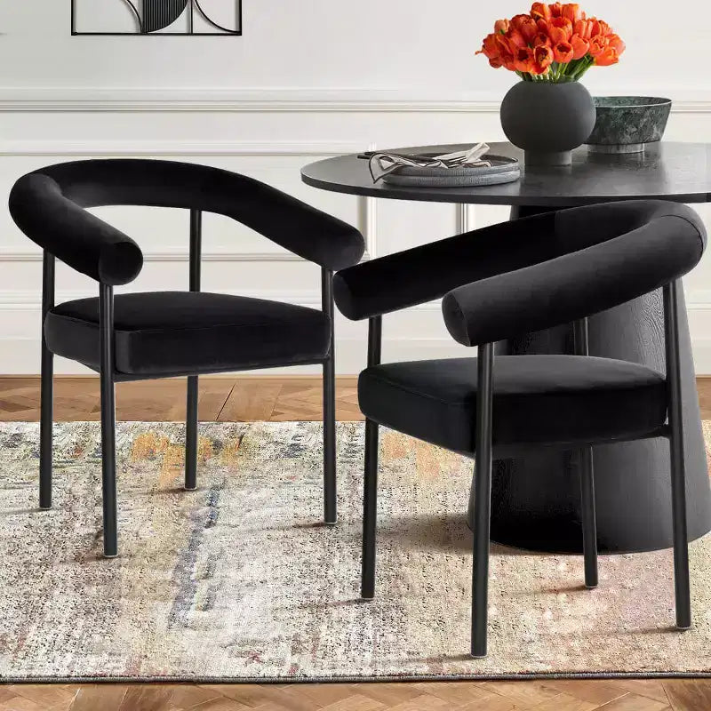 Sedie da pranzo in velluto nero / verde / visone con braccioli, schienale curvo, set da 4