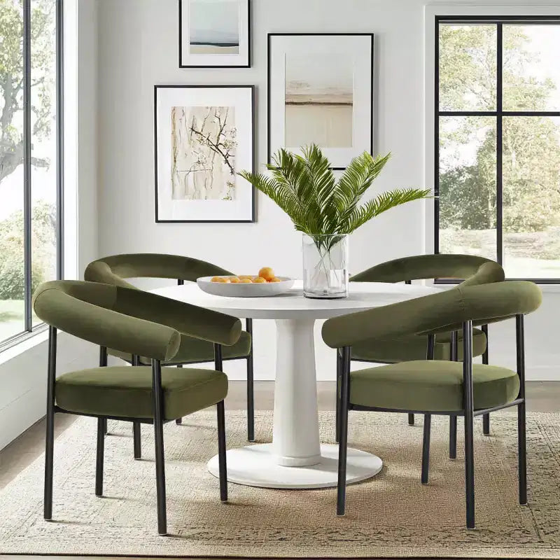Sedie da pranzo in velluto nero / verde / visone con braccioli, schienale curvo, set da 4