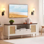 Mobile TV in Rattan Bianco con 2 Ante e Cassetti, Stile Bohemien, Adatto per TV fino a 70", Assemblaggio in 2 Persone