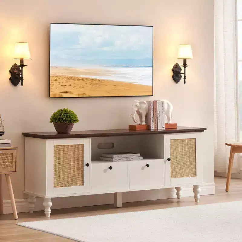 Mobile TV in Rattan Bianco con 2 Ante e Cassetti, Stile Bohemien, Adatto per TV fino a 70", Assemblaggio in 2 Persone