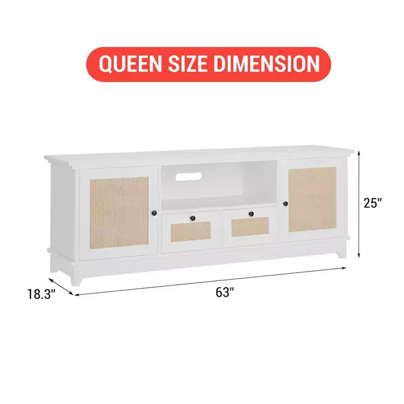 Mobile TV in Rattan Bianco con 2 Ante e Cassetti, Stile Bohemien, Adatto per TV fino a 70", Assemblaggio in 2 Persone