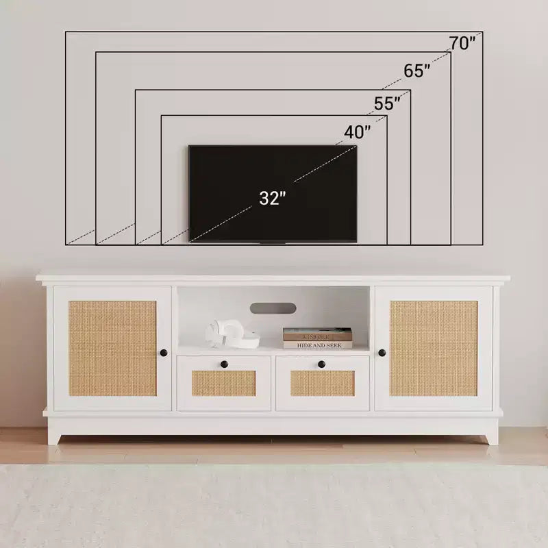 Mobile TV in Rattan Bianco con 2 Ante e Cassetti, Stile Bohemien, Adatto per TV fino a 70", Assemblaggio in 2 Persone
