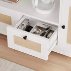 Mobile TV in Rattan Bianco con 2 Ante e Cassetti, Stile Bohemien, Adatto per TV fino a 70", Assemblaggio in 2 Persone