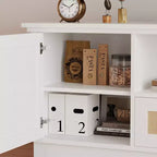 Mobile TV in Rattan Bianco con 2 Ante e Cassetti, Stile Bohemien, Adatto per TV fino a 70", Assemblaggio in 2 Persone