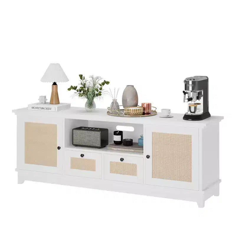 Mobile TV in Rattan Bianco con 2 Ante e Cassetti, Stile Bohemien, Adatto per TV fino a 70", Assemblaggio in 2 Persone