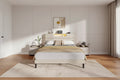 Queen Size Bed Frame with Charging Station LED Lights Upholstered Headboard Modern Platform Bed Beige Fabric 2 Tier Storage Shelf Sturdy Wooden Slats
