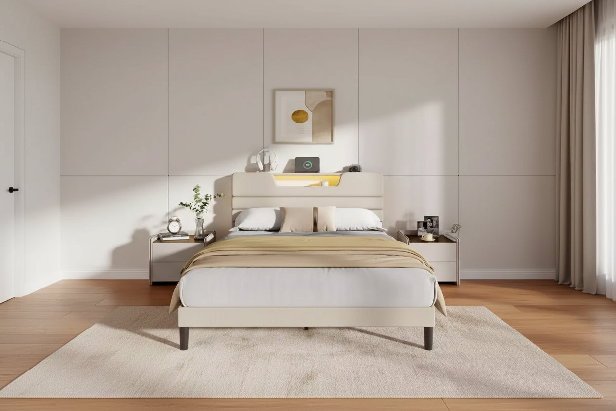 Queen Size Bed Frame with Charging Station LED Lights Upholstered Headboard Modern Platform Bed Beige Fabric 2 Tier Storage Shelf Sturdy Wooden Slats