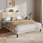 Letto Queen Size con Stazione di Ricarica Luci LED Testiera Imbottita Letto Moderno a Piattaforma Tessuto Beige Scaffale Portaoggetti a 2 Livelli Robuste Doghe in Legno