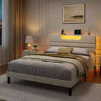 Letto Queen Size con Stazione di Ricarica Luci LED Testiera Imbottita Letto Moderno a Piattaforma Tessuto Beige Scaffale Portaoggetti a 2 Livelli Robuste Doghe in Legno