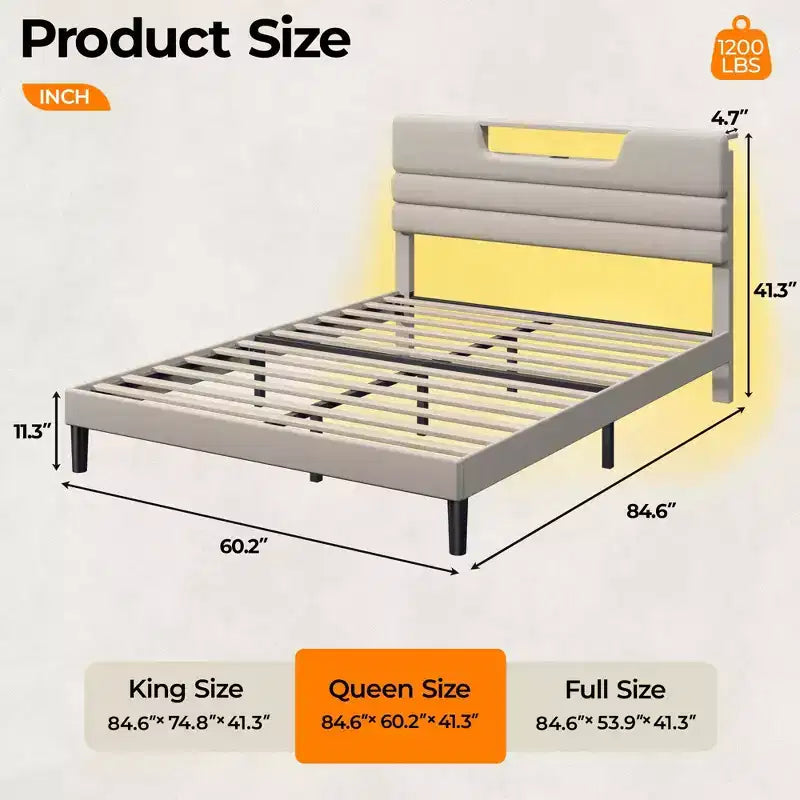 Letto Queen Size con Stazione di Ricarica Luci LED Testiera Imbottita Letto Moderno a Piattaforma Tessuto Beige Scaffale Portaoggetti a 2 Livelli Robuste Doghe in Legno