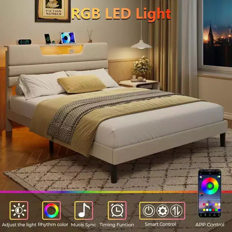 Letto Queen Size con Stazione di Ricarica Luci LED Testiera Imbottita Letto Moderno a Piattaforma Tessuto Beige Scaffale Portaoggetti a 2 Livelli Robuste Doghe in Legno