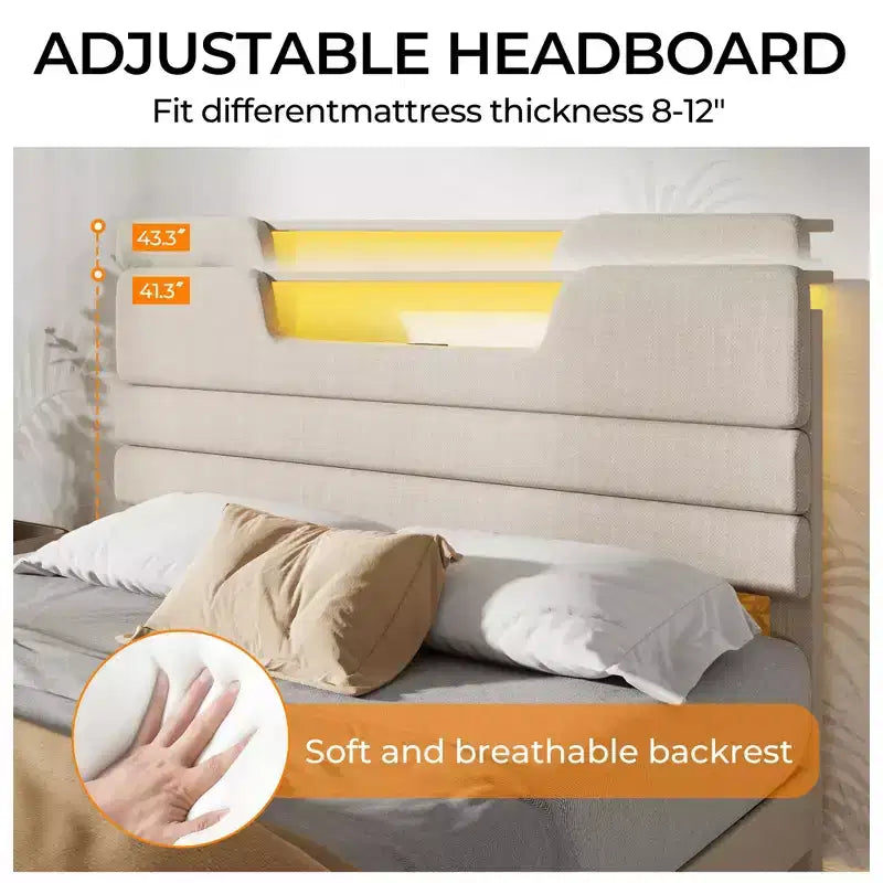 Letto Queen Size con Stazione di Ricarica Luci LED Testiera Imbottita Letto Moderno a Piattaforma Tessuto Beige Scaffale Portaoggetti a 2 Livelli Robuste Doghe in Legno