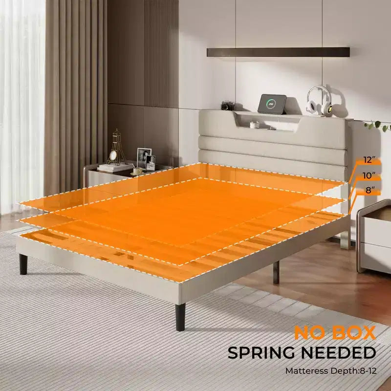 Letto Queen Size con Stazione di Ricarica Luci LED Testiera Imbottita Letto Moderno a Piattaforma Tessuto Beige Scaffale Portaoggetti a 2 Livelli Robuste Doghe in Legno