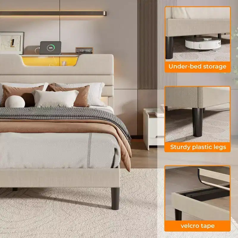 Letto Queen Size con Stazione di Ricarica Luci LED Testiera Imbottita Letto Moderno a Piattaforma Tessuto Beige Scaffale Portaoggetti a 2 Livelli Robuste Doghe in Legno