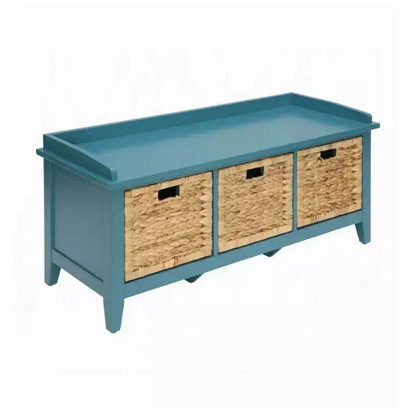 Panca contenitore in legno blu con 3 cesti in rattan, seduta singola