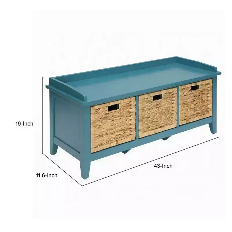 Panca contenitore in legno blu con 3 cesti in rattan, seduta singola