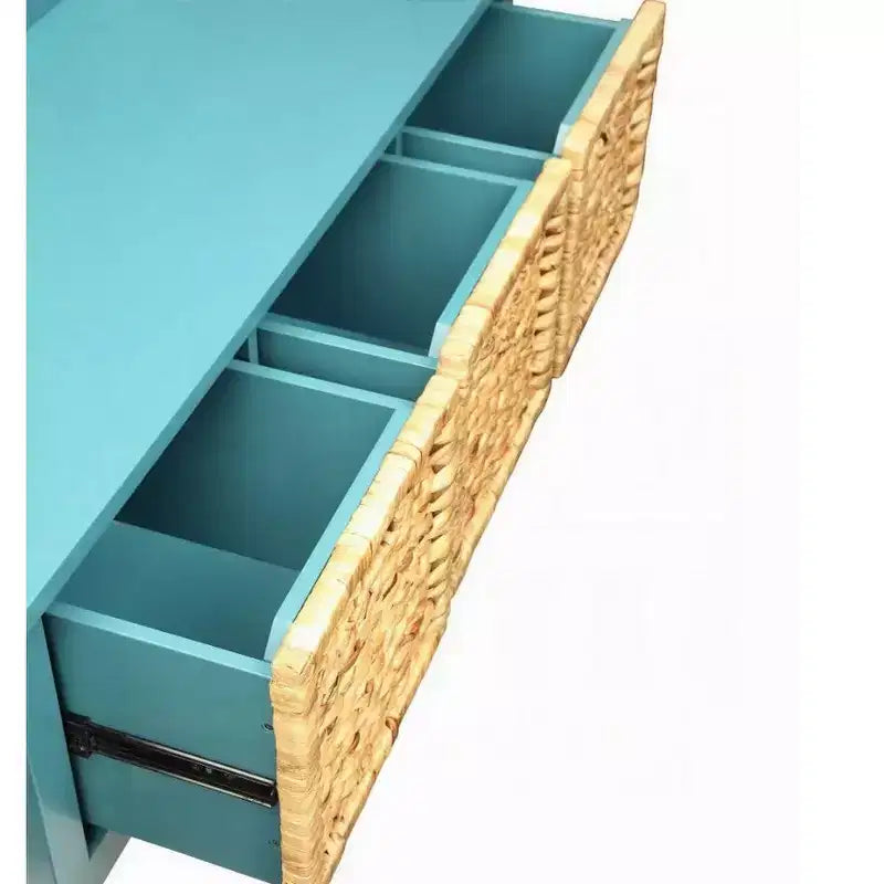 Panca contenitore in legno blu con 3 cesti in rattan, seduta singola
