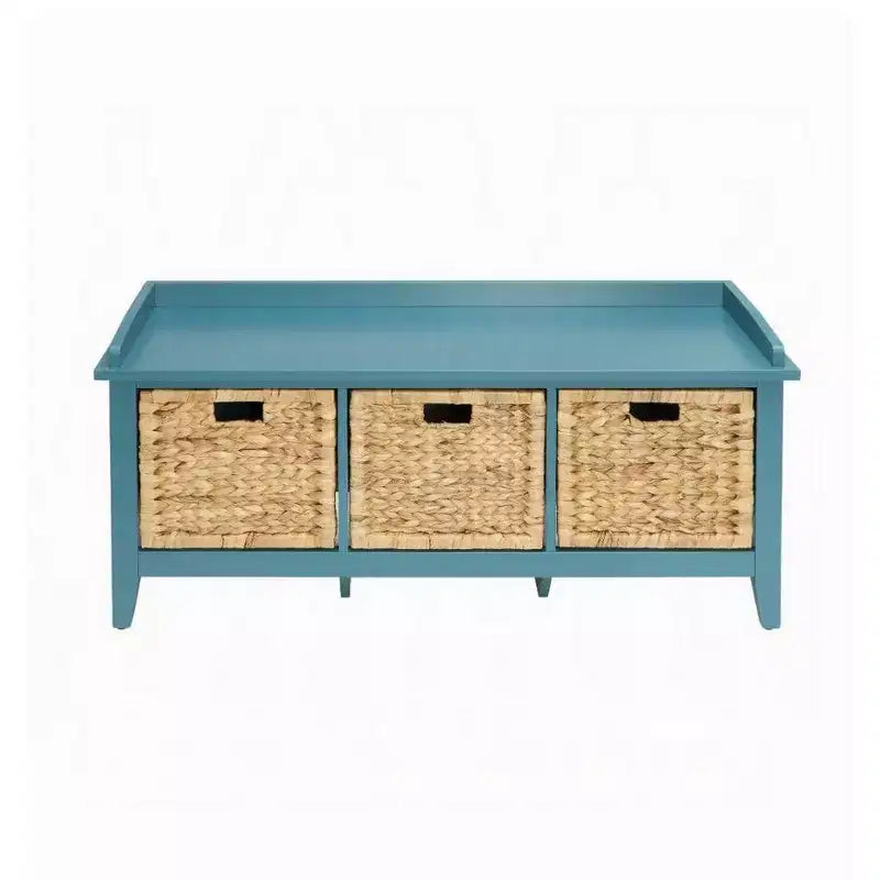 Panca contenitore in legno blu con 3 cesti in rattan, seduta singola