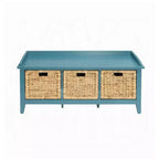 Panca contenitore in legno blu con 3 cesti in rattan, seduta singola