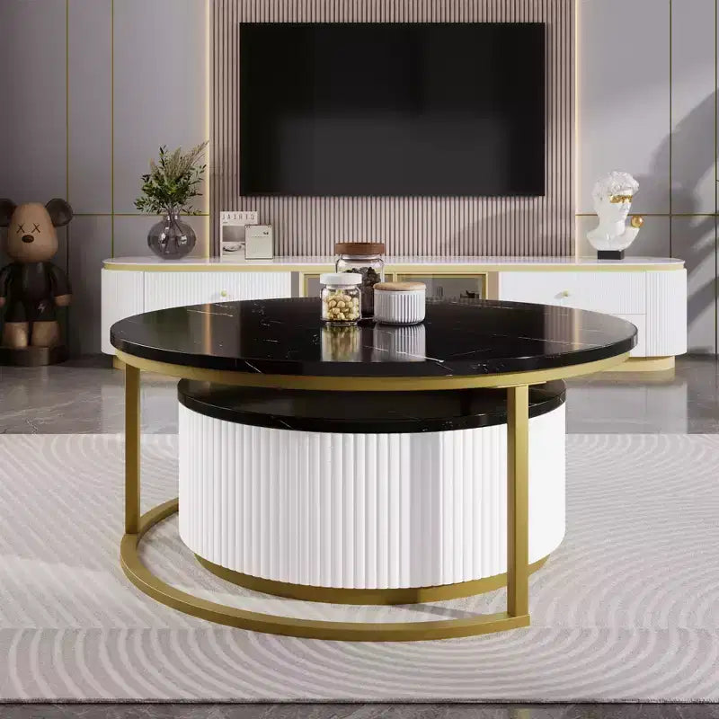 Set di 2 tavolini da caffè rotondi impilabili – Nero/Bianco, design scanalato, gambe dorate, con cassetto
