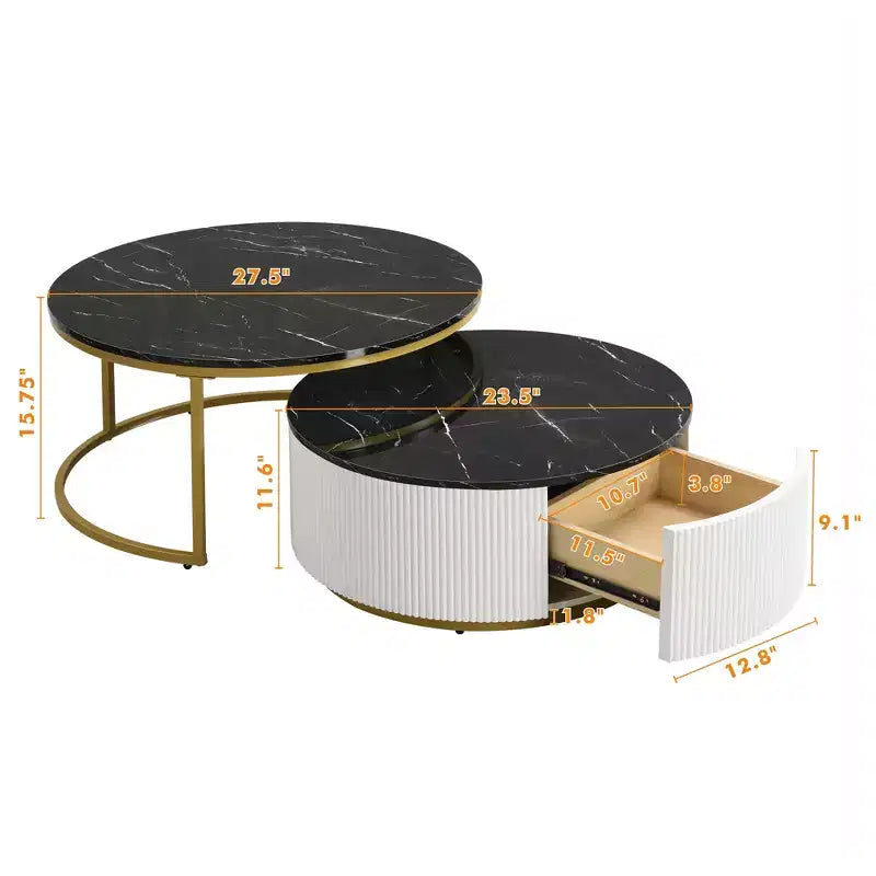 Set di 2 tavolini da caffè rotondi impilabili – Nero/Bianco, design scanalato, gambe dorate, con cassetto
