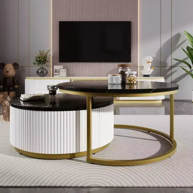 Set di 2 tavolini da caffè rotondi impilabili – Nero/Bianco, design scanalato, gambe dorate, con cassetto