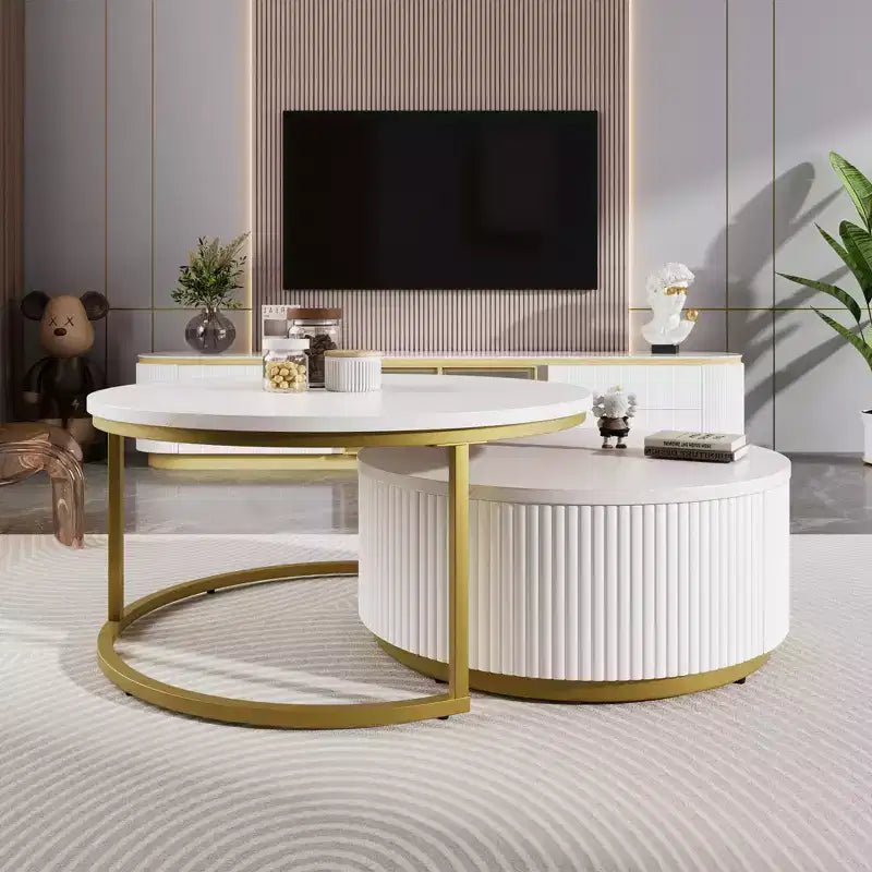Set di 2 tavolini da caffè rotondi impilabili – Nero/Bianco, design scanalato, gambe dorate, con cassetto