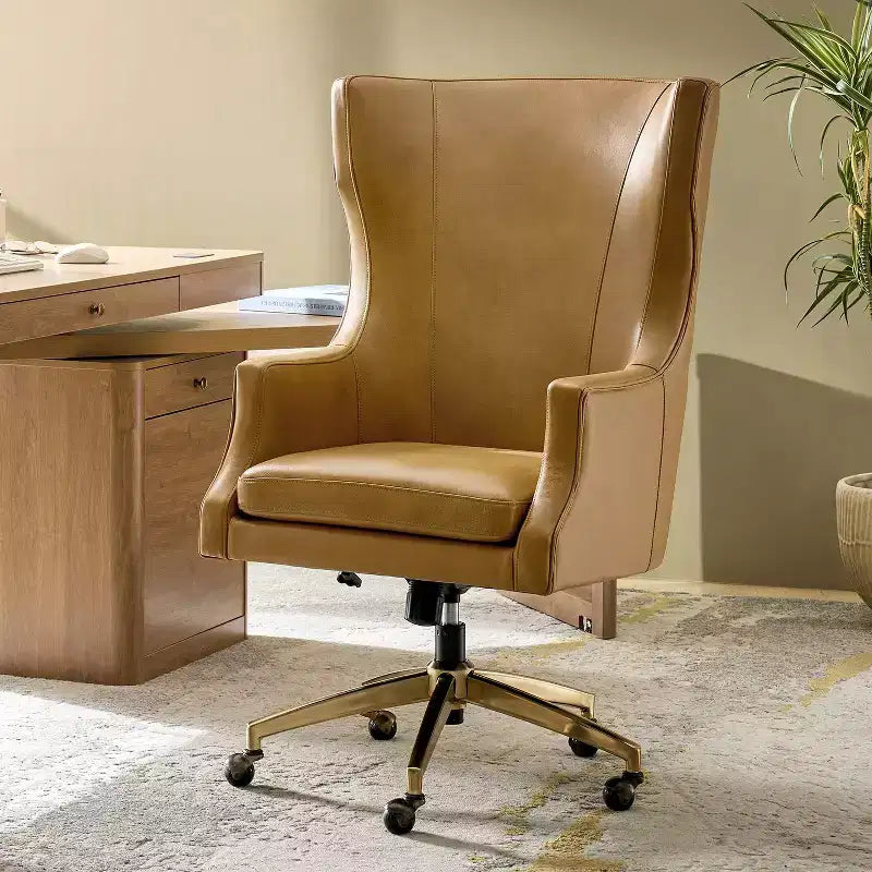 Sedia da ufficio con schienale alto in vera pelle – Nera / Marrone / Cammello / Blu scuro | Girevole | 1 posto