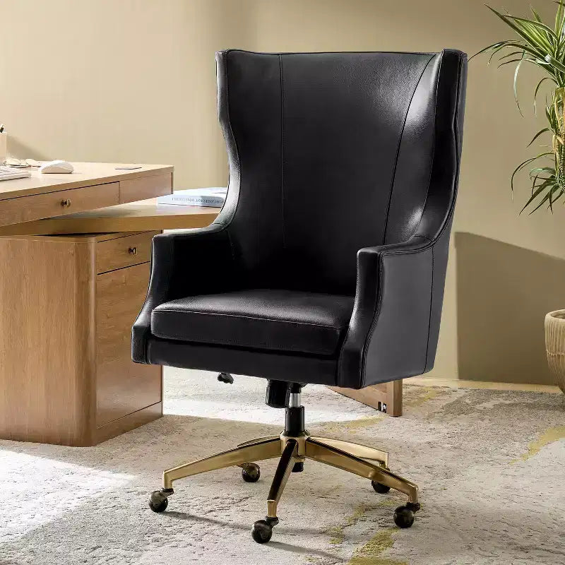 Sedia da ufficio con schienale alto in vera pelle – Nera / Marrone / Cammello / Blu scuro | Girevole | 1 posto
