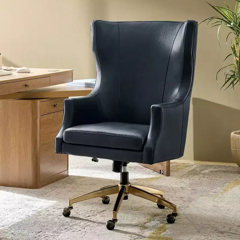 Sedia da ufficio con schienale alto in vera pelle – Nera / Marrone / Cammello / Blu scuro | Girevole | 1 posto