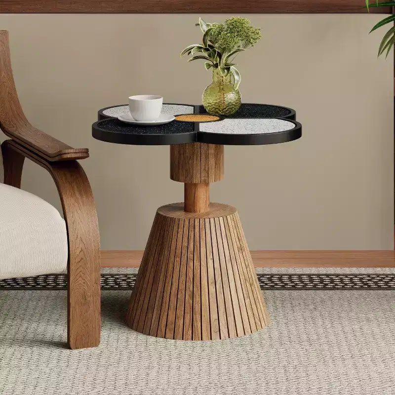 Nero/Naturale | Tavolino da caffè a forma di fiore con cassetto nascosto | 1 posto