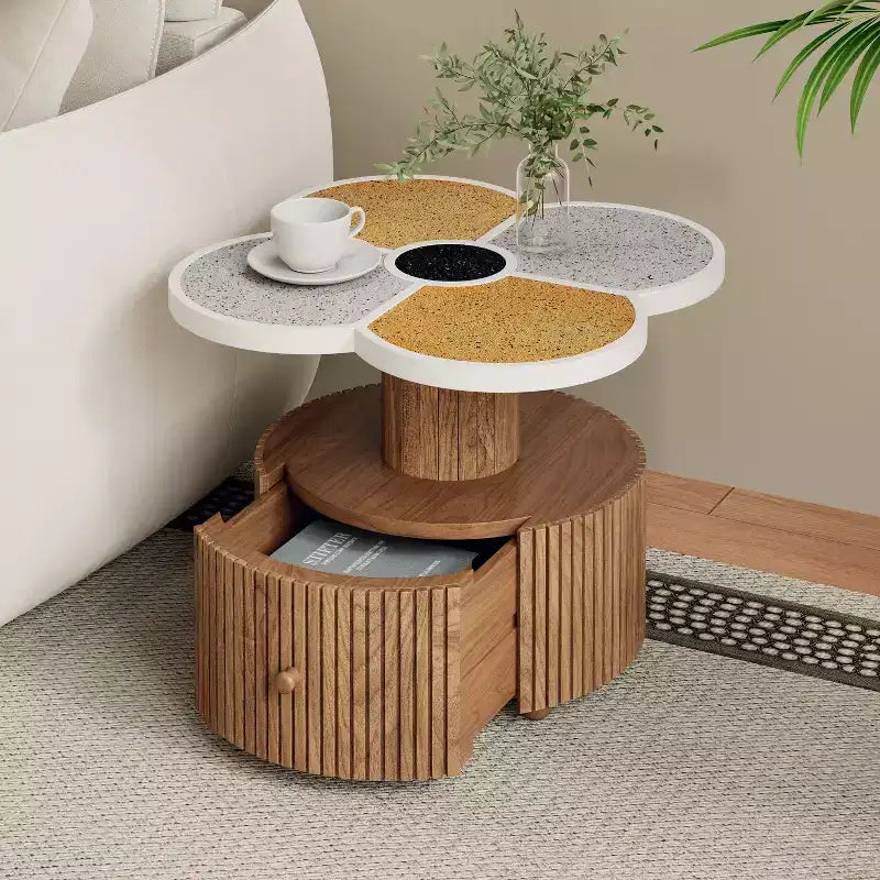 Nero/Naturale | Tavolino da caffè a forma di fiore con cassetto nascosto | 1 posto