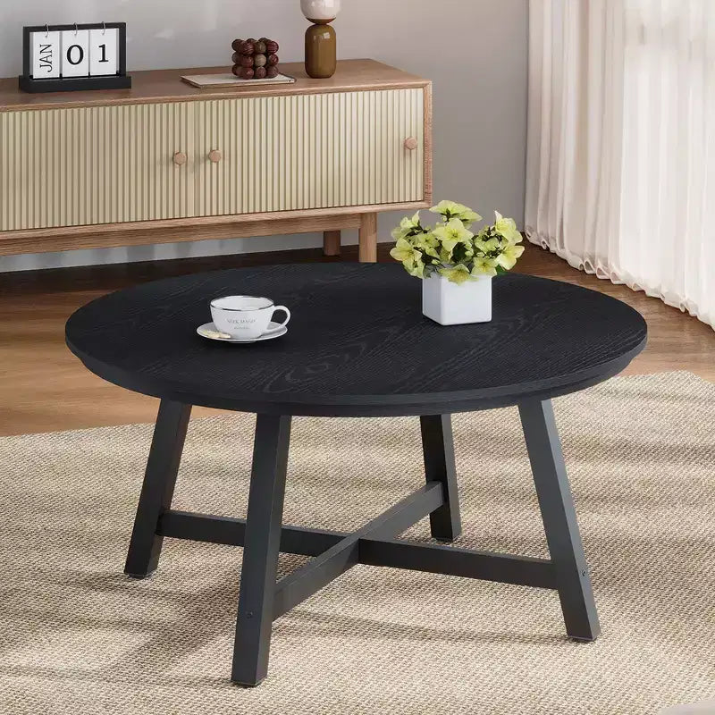 Tavolino da caffè rotondo, nero/marrone, base a X, 2 posti