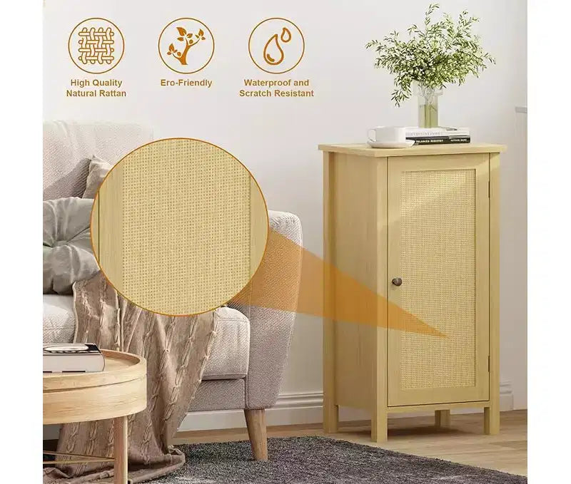 Comodino in rattan nero/naturale con cassetto – Tavolino da comodino con ripiano in legno
